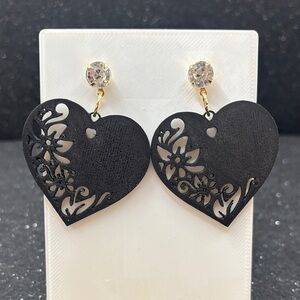 Black Filigree Heart Earrings with Gold Crystal Stud Accents